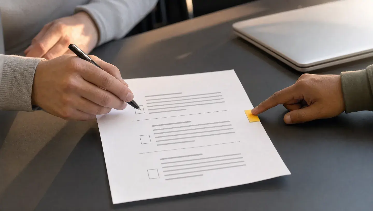 Twee mensen bespreken met pen en markering de taakverdeling op een werkdocument