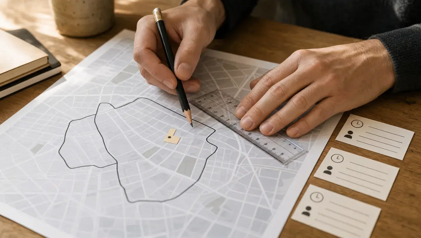 Handen controleren met een potlood en liniaal een schematisch werkgebied op papier