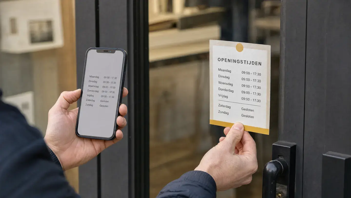 Handen vergelijken openingstijden op een telefoon met een kaart bij een ingang