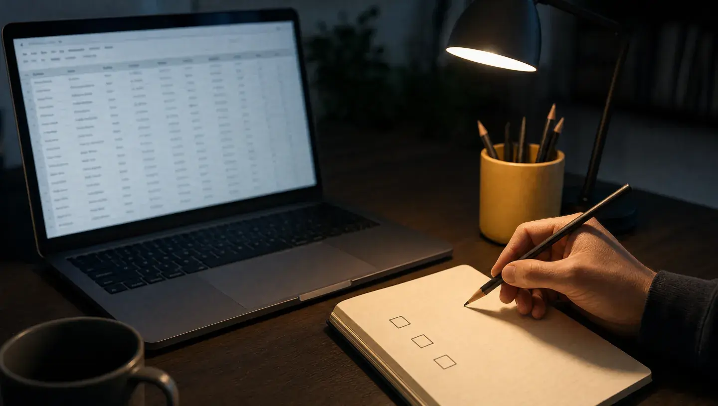 Een hand vergelijkt een notitieboek met een overzicht op een laptop bij warm bureaulicht