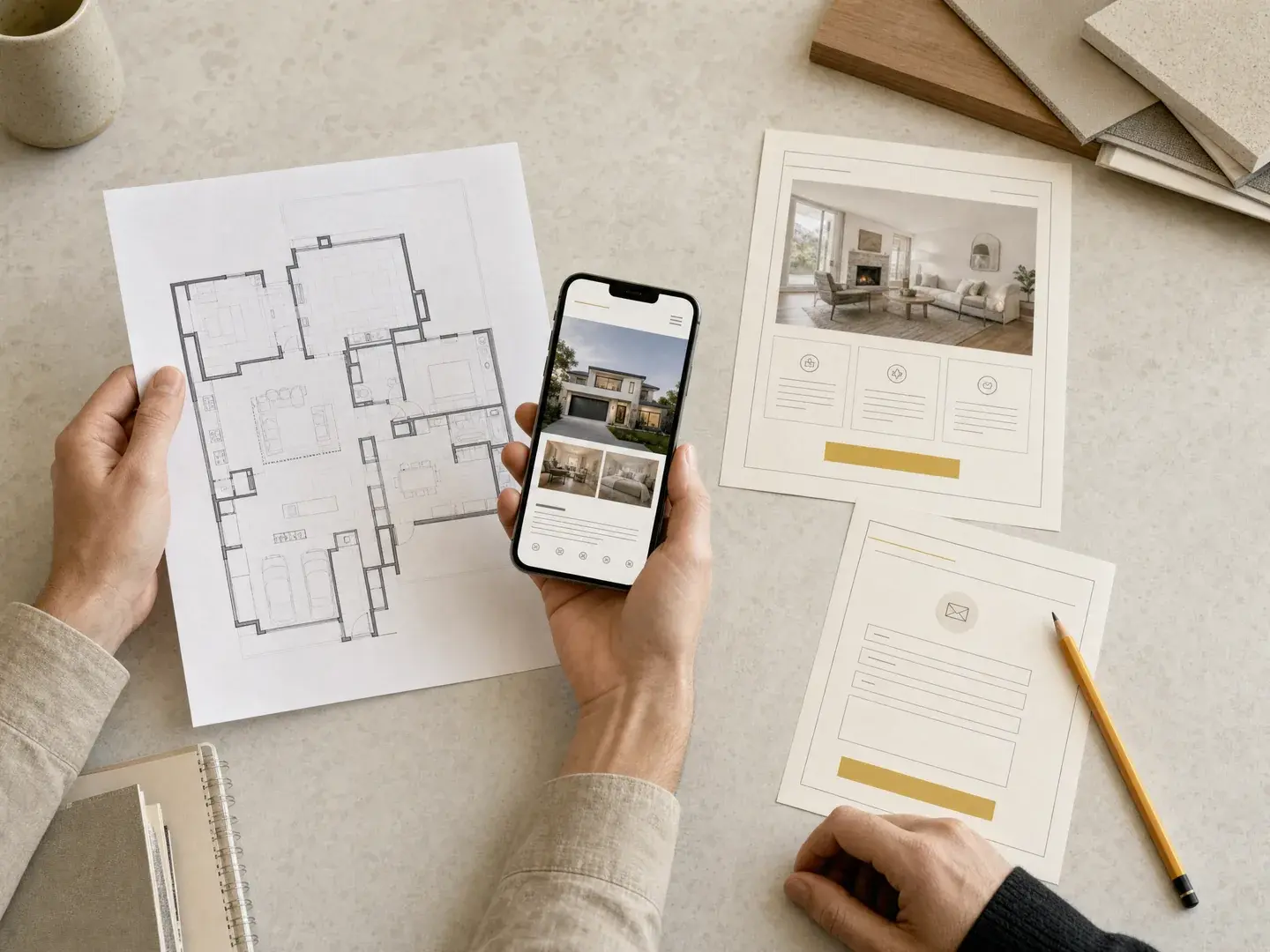 Handen vergelijken een plattegrond, een mobiele woningpagina en een aanvraagontwerp