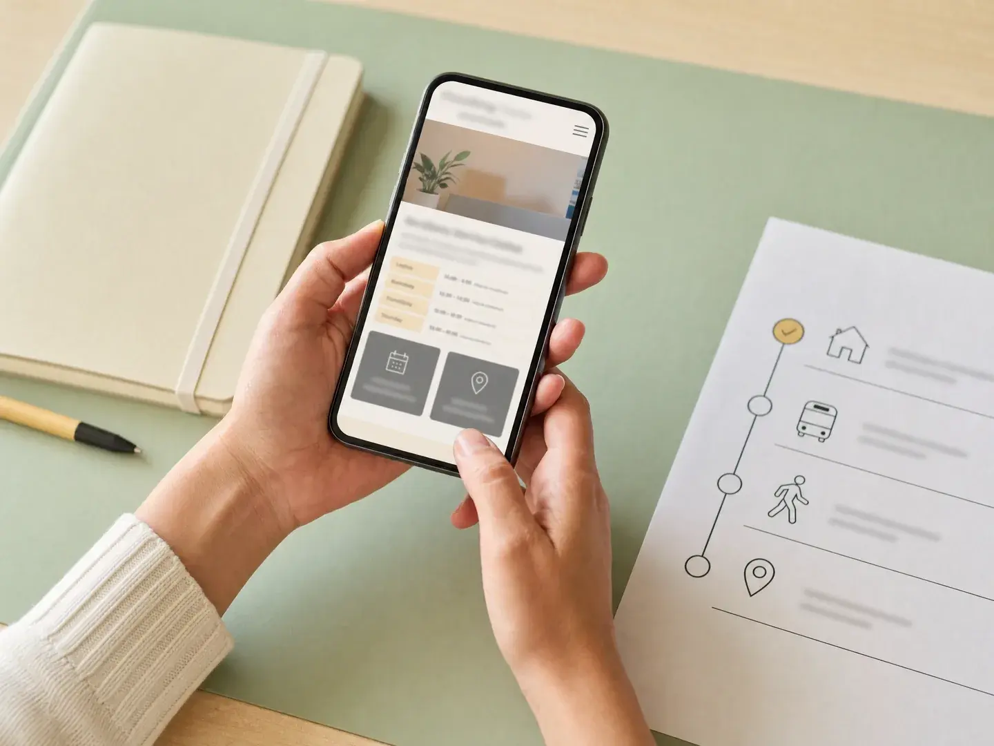 Handen controleren openingstijden en bereikbaarheid op een mobiele praktijkpagina
