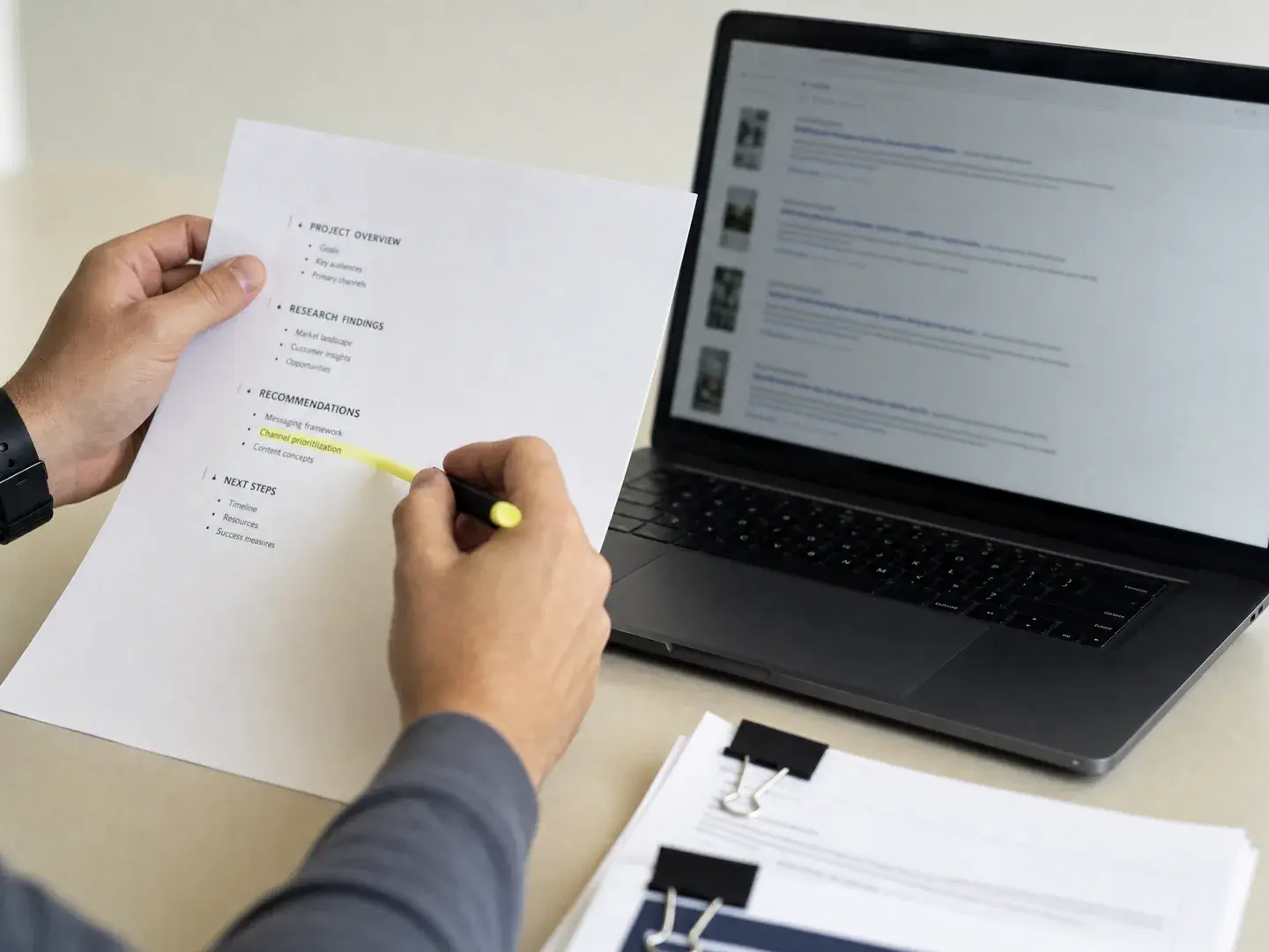 Onderzoeksnotities worden vergeleken met een zoekresultatenpagina op een laptop