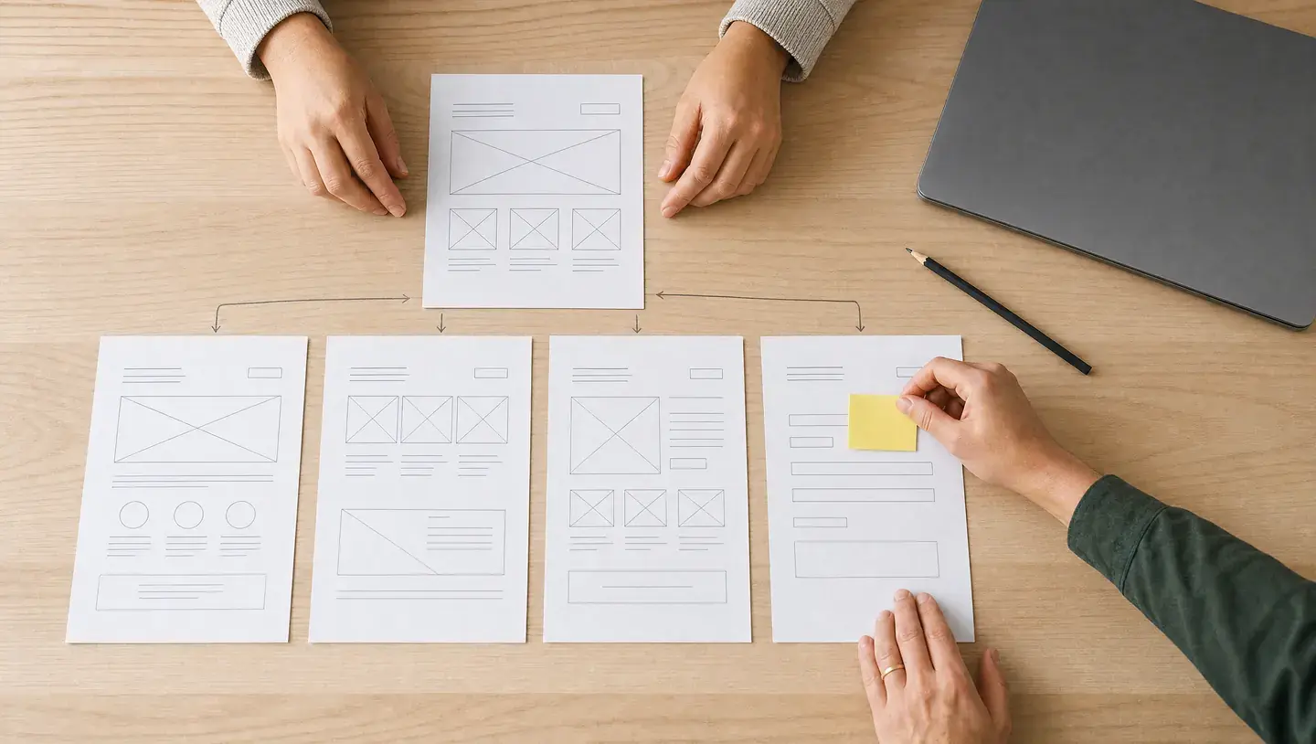 Handen ordenen paginaontwerpen tot een websitestructuur