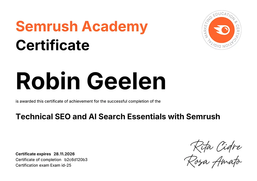 Semrush Academy-certificaat Technical SEO and AI Search Essentials op naam van Robin Geelen