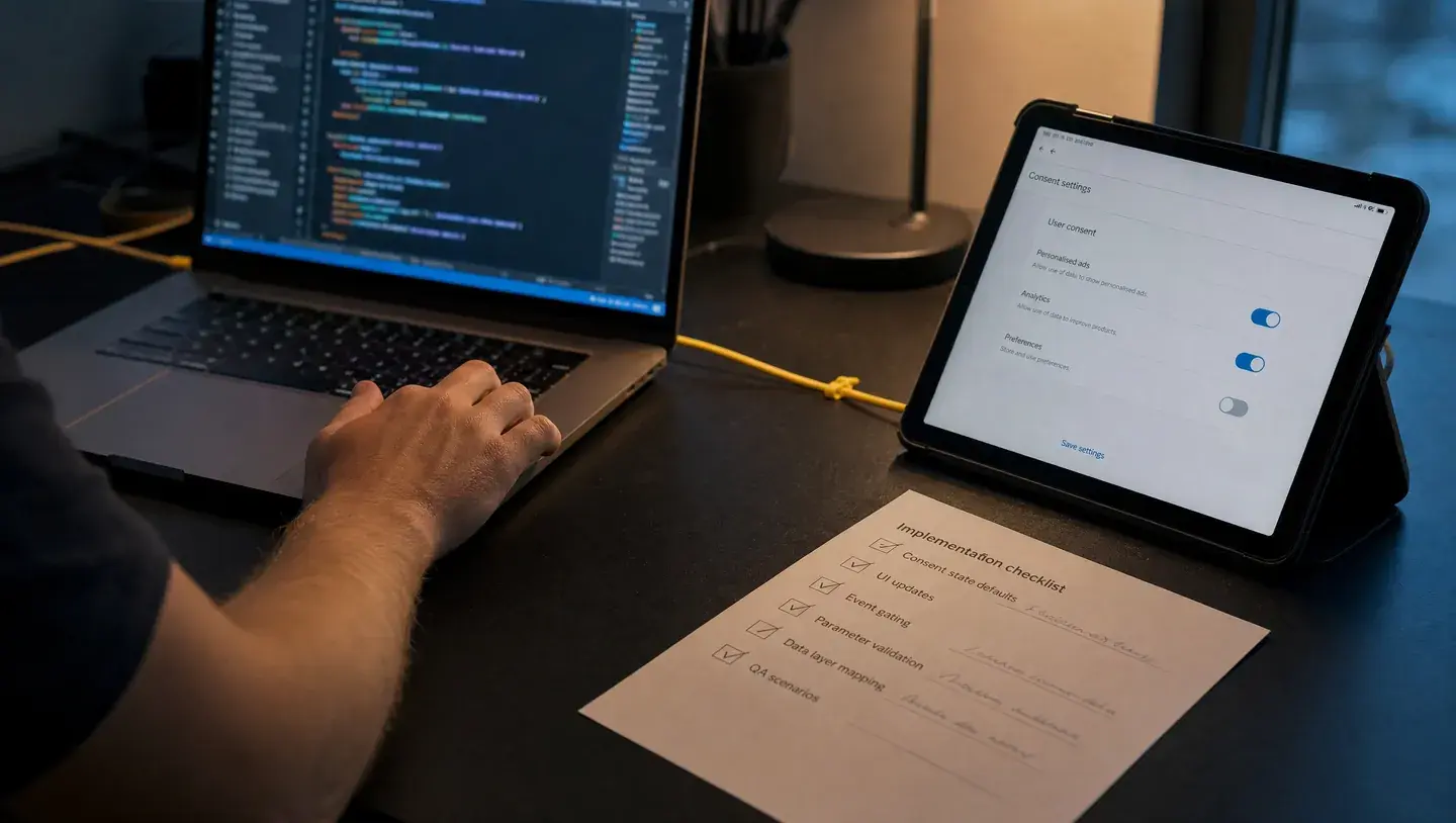 Een hand bedient een laptop met een code-editor naast een tablet met toestemmingsinstellingen