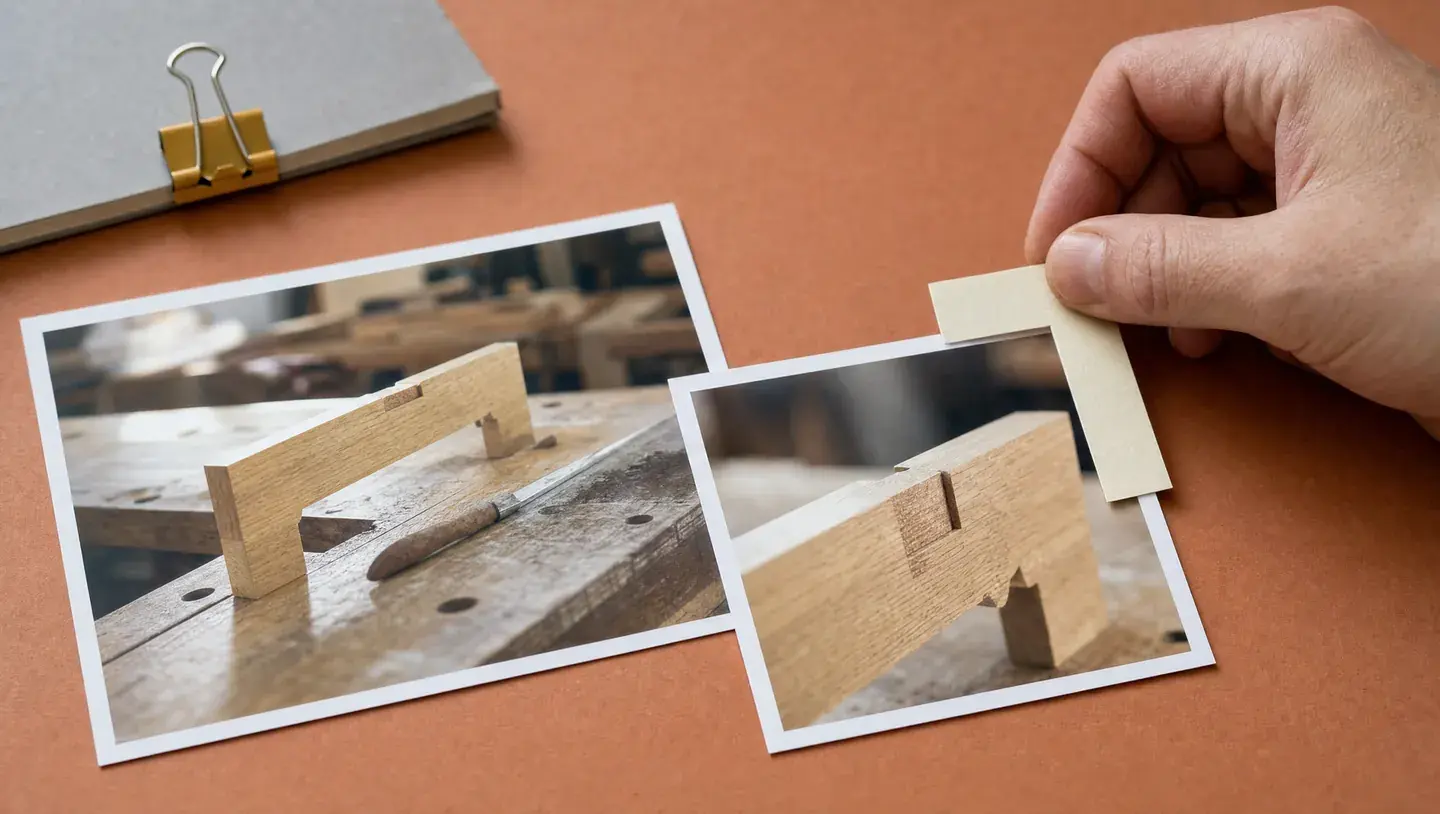 Een hand legt een markering bij foto’s van een houten productdetail