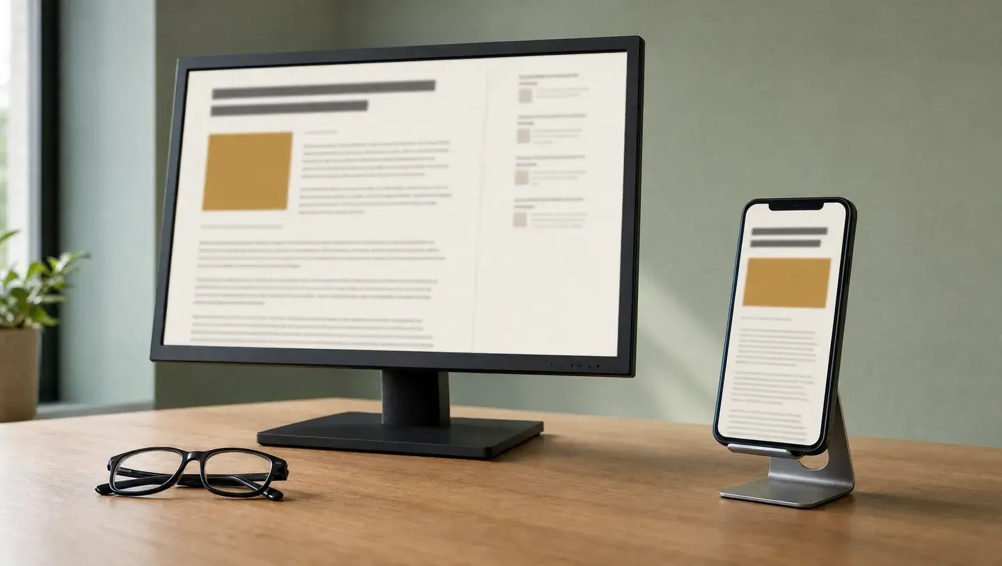 Een monitor en telefoon tonen dezelfde artikelindeling op een houten bureau