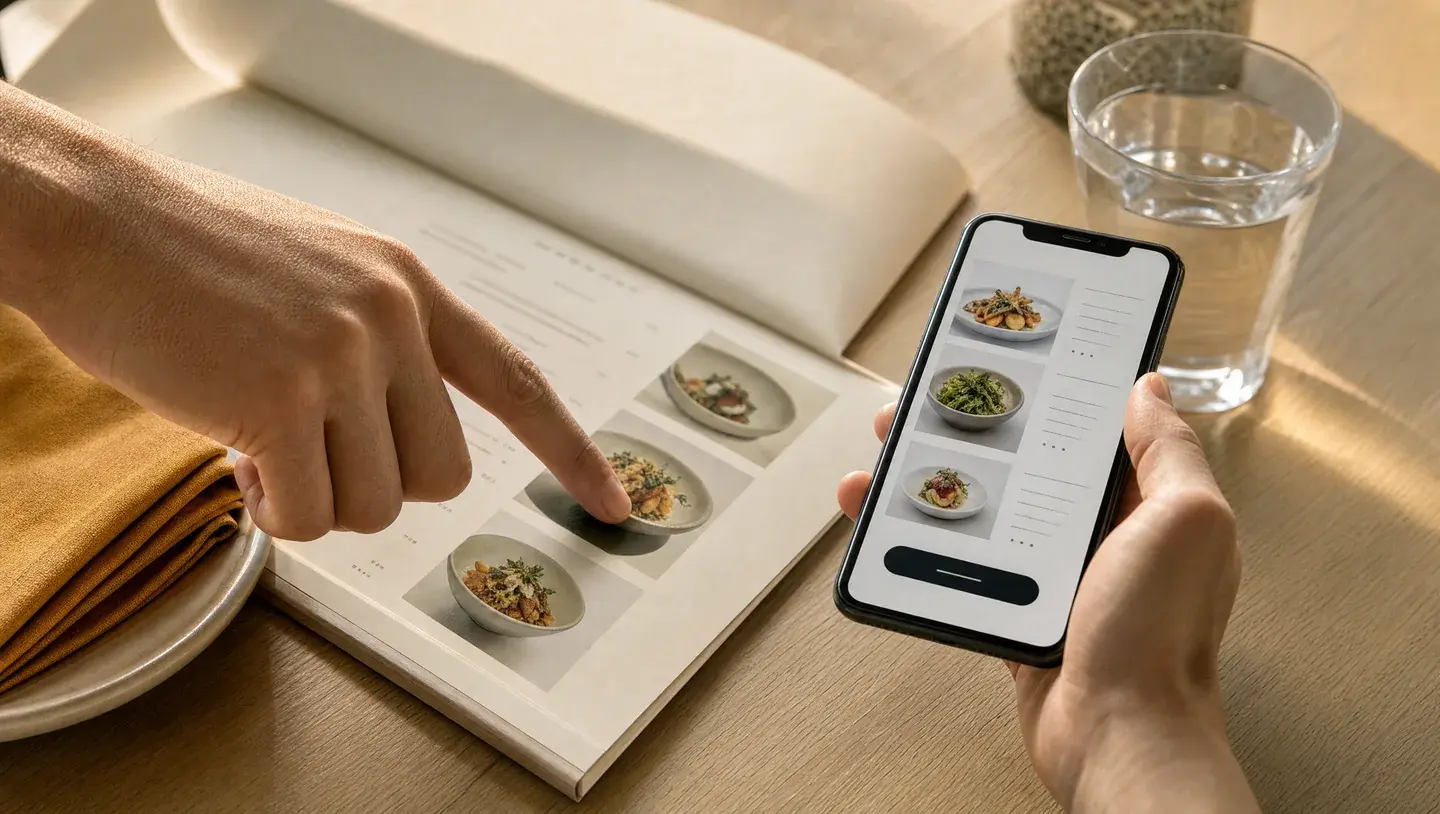Handen vergelijken een papieren menukaart met een mobiele weergave