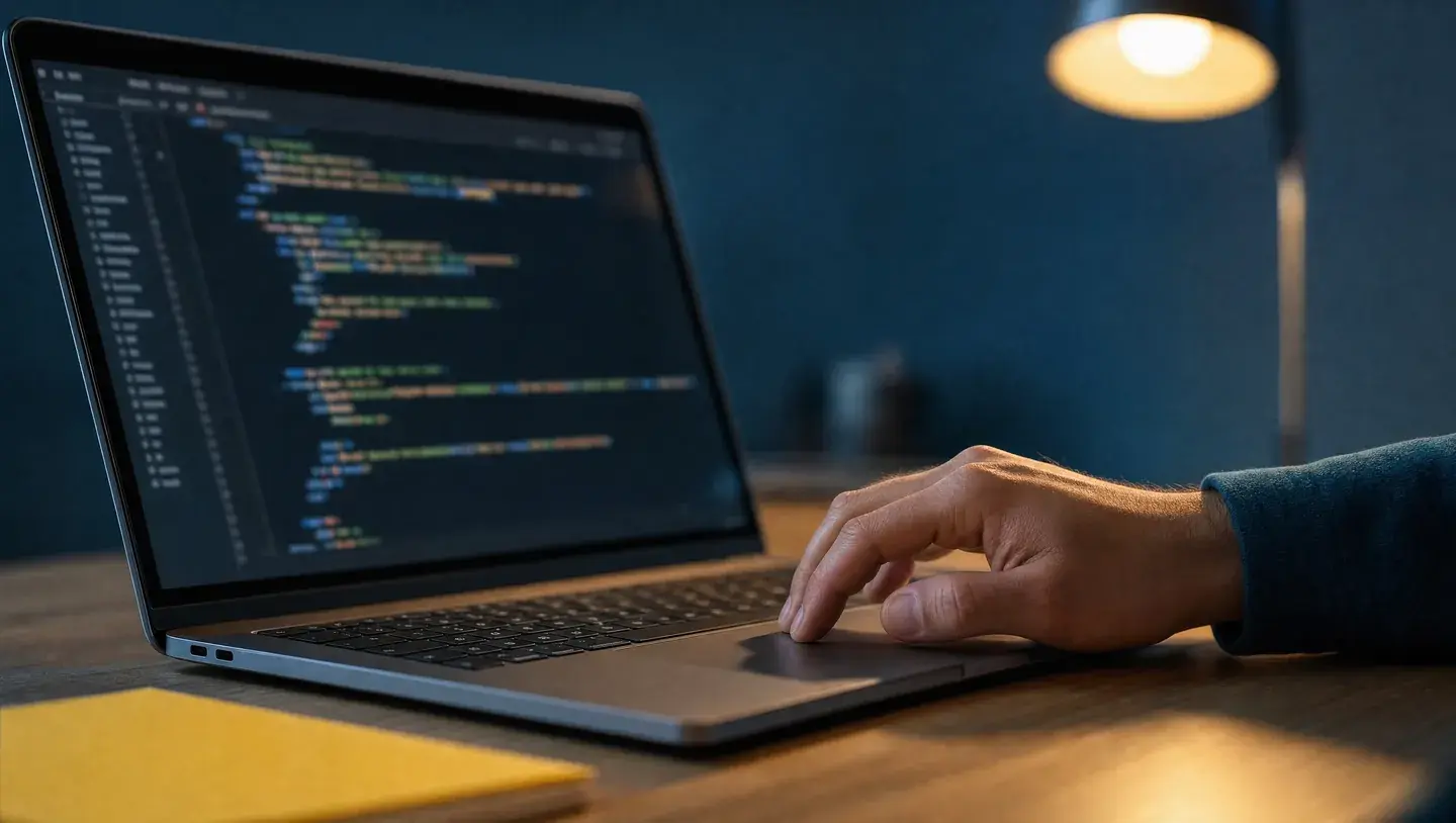 Een hand bedient een laptop met onscherpe code naast een geel notitieboek