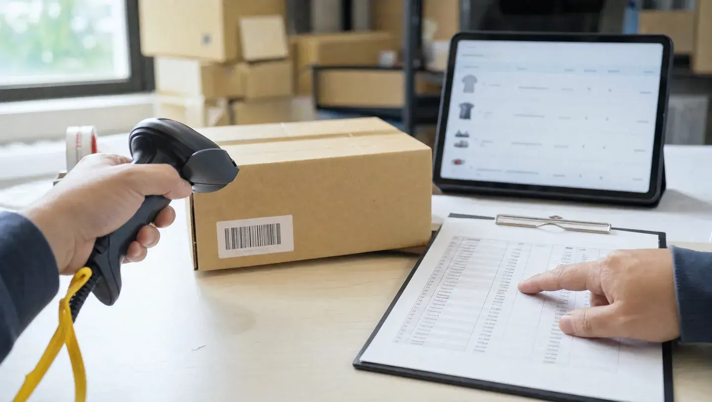 Een hand scant een productdoos naast een voorraadlijst en laptop