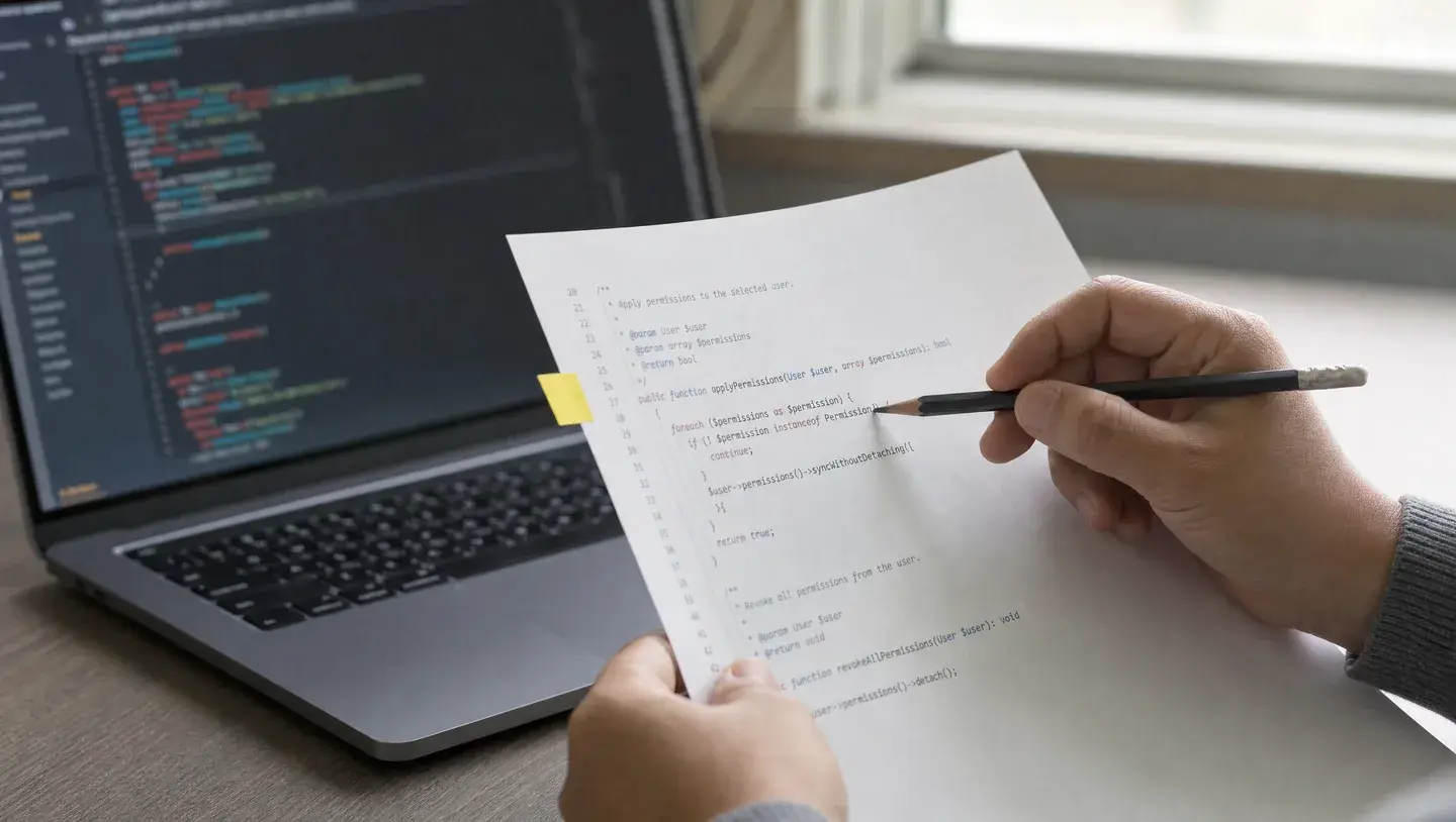 Handen controleren een overdrachtslijst naast code op een laptop