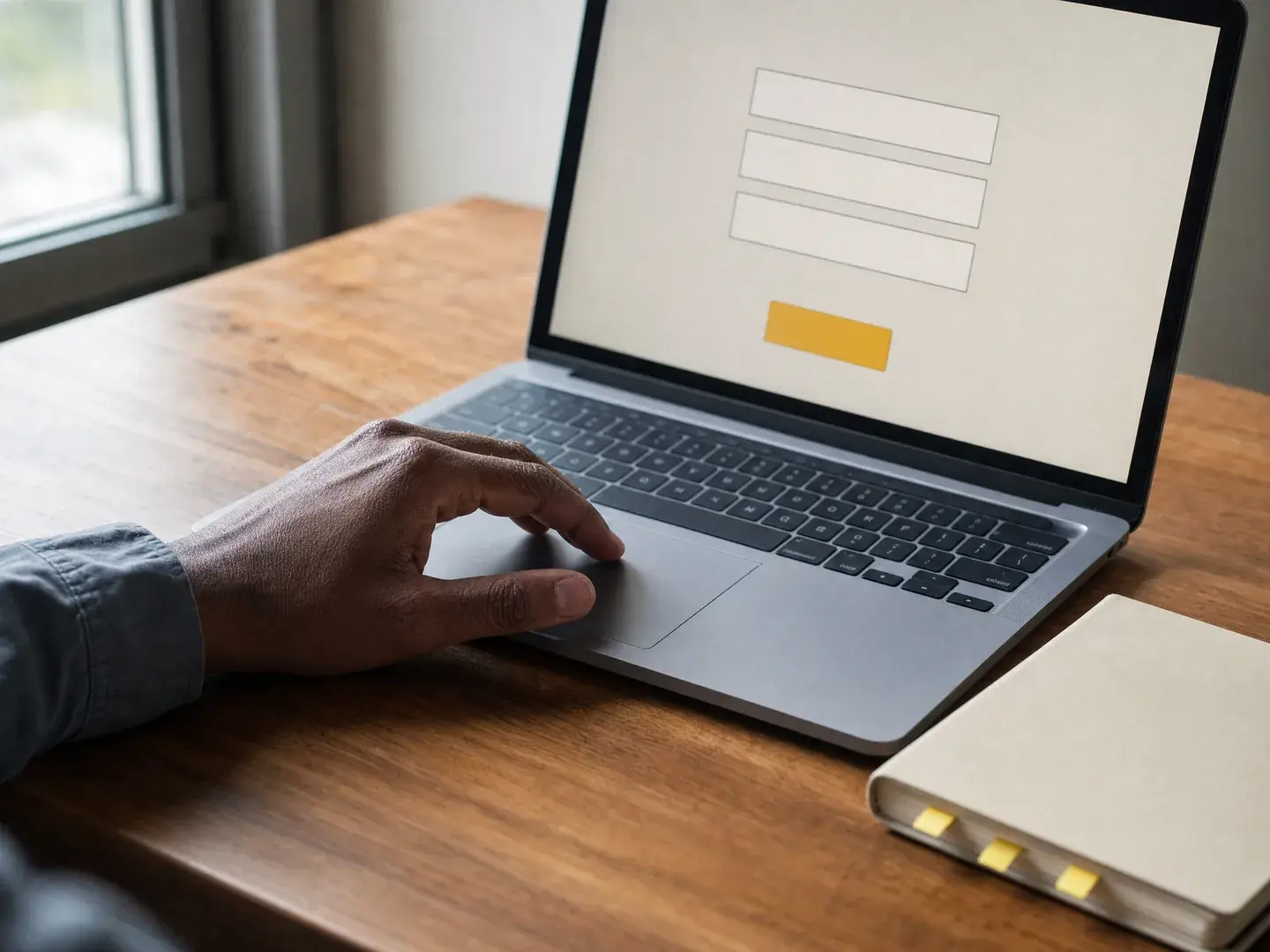 Hand bij een laptop met een eenvoudige formulieropbouw en een notitieboek ernaast