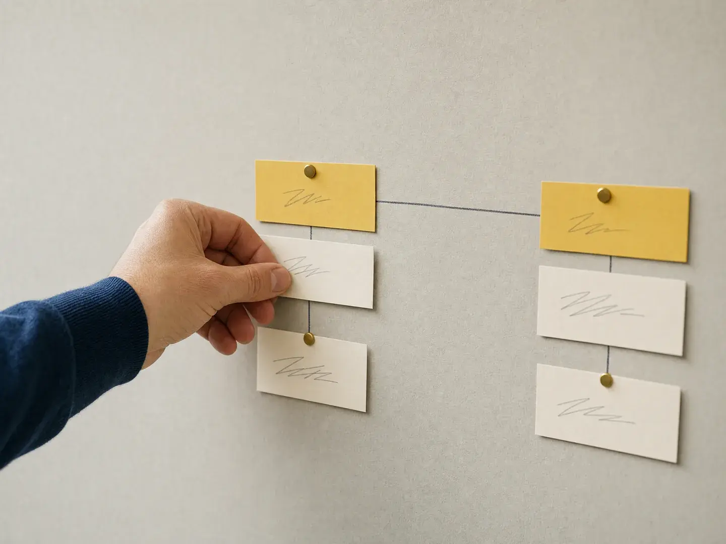 Een hand ordent papieren paginakaarten in twee verbonden groepen op een planbord