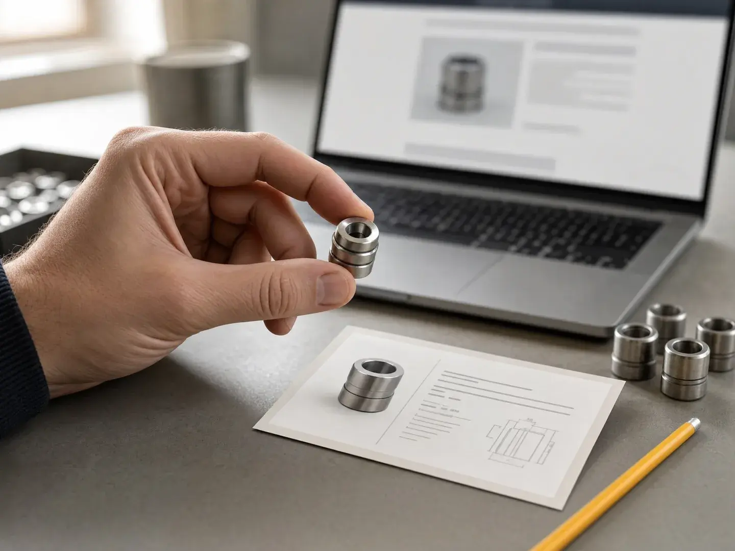 Een hand vergelijkt een metalen onderdeel met een technische tekening en laptop