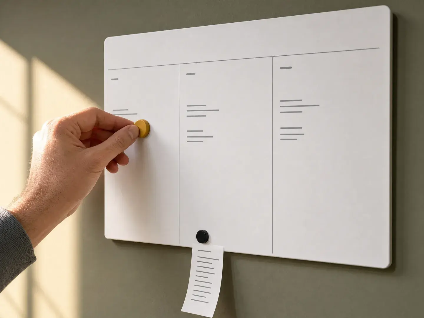 Een hand bevestigt een wijzigingsnotitie aan een planning op de wand