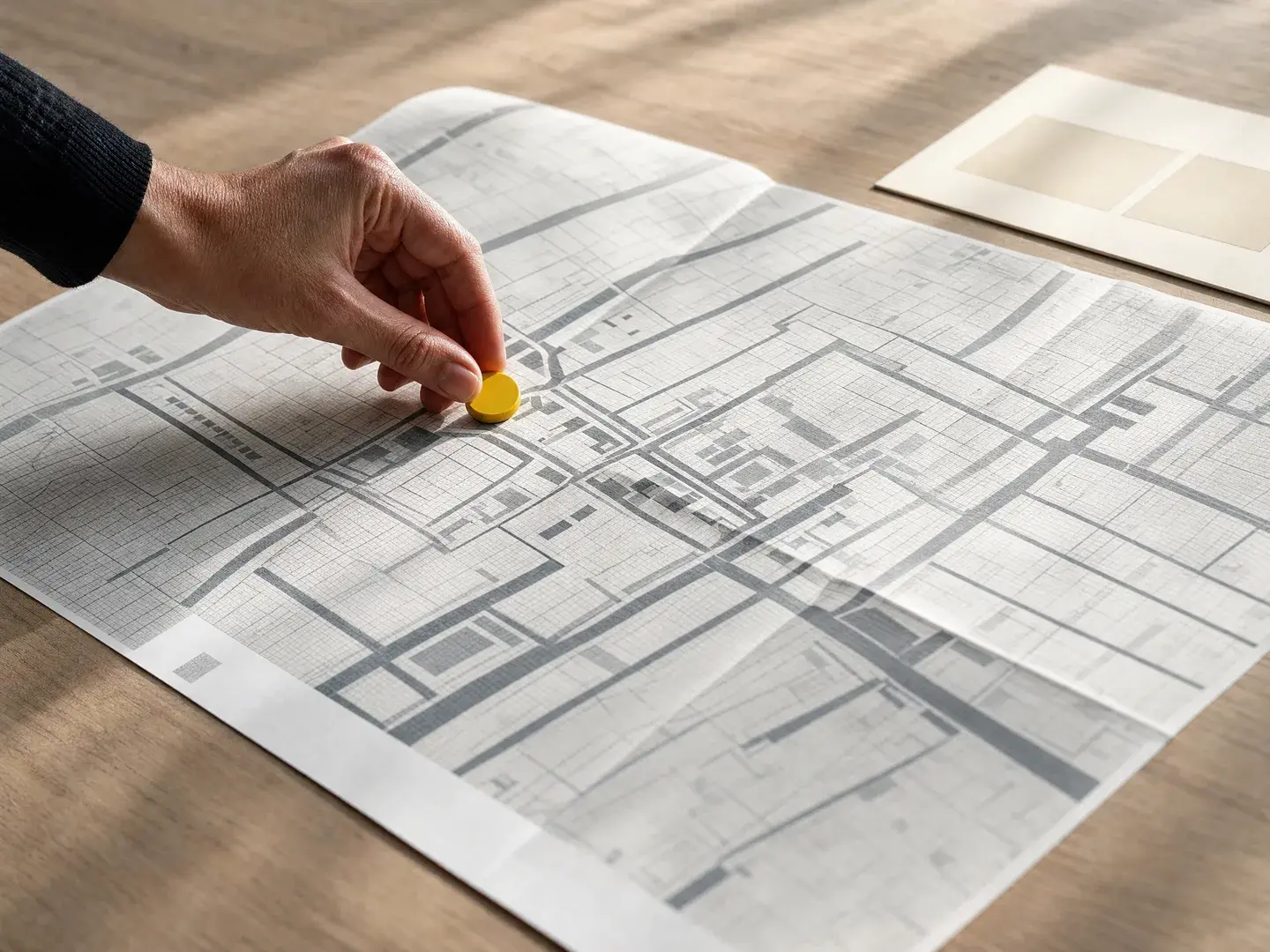 Een hand markeert een werkgebied op een schematische kaart