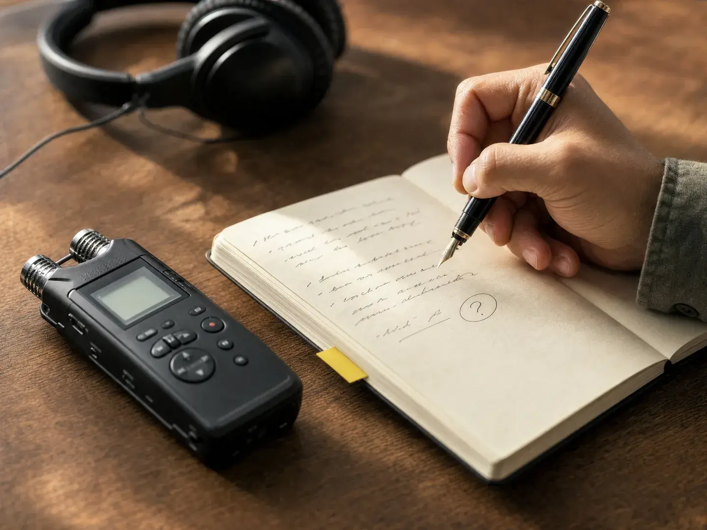 Handen verwerken interviewnotities in een inhoudelijke briefing bij een laptop