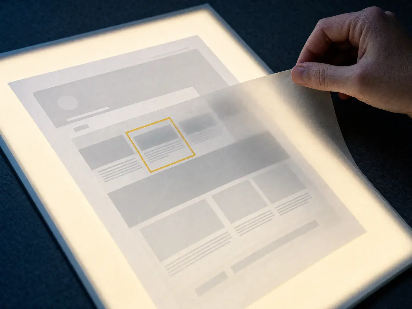 Een hand legt een transparant vel over een paginaontwerp op een verlichte tafel
