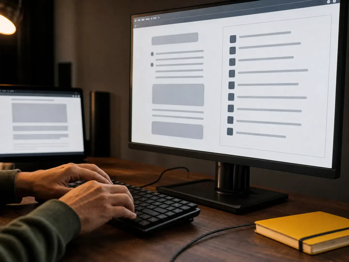 Handen werken aan een toetsenbord met een controlelijst op het scherm