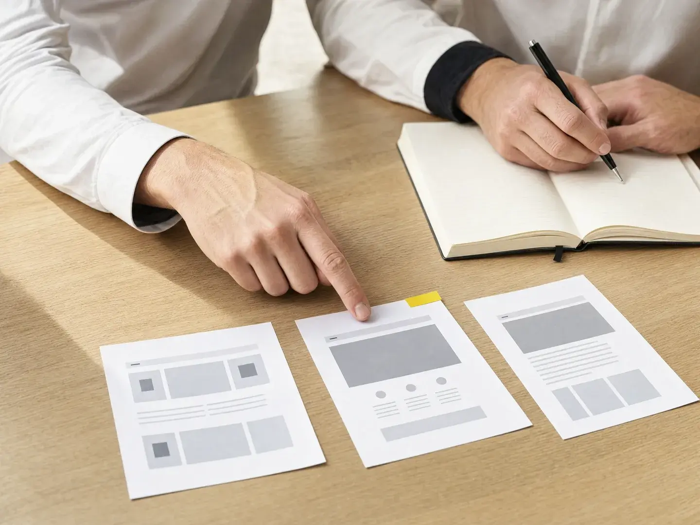 Twee mensen bespreken drie pagina-uitwerkingen naast een notitieboek met werkafspraken