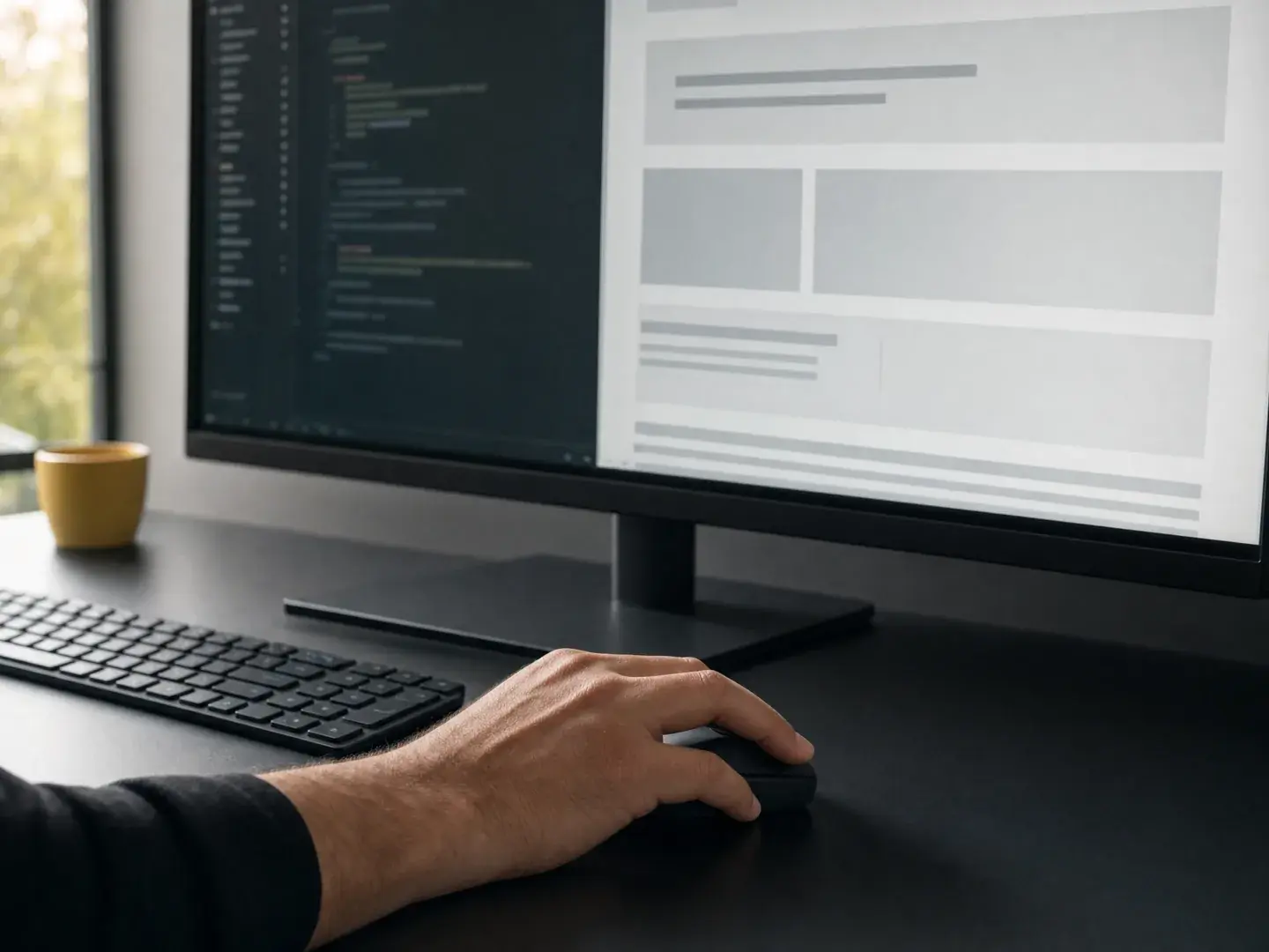 Code en een paginaweergave staan naast elkaar tijdens een technische websitecontrole