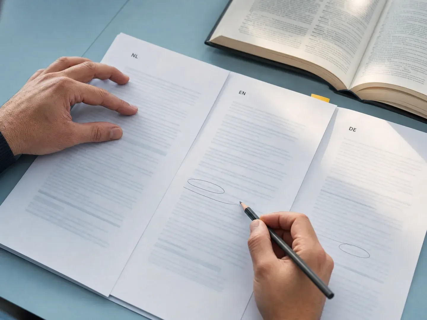 Handen vergelijken twee tekstversies naast een opengeslagen naslagwerk