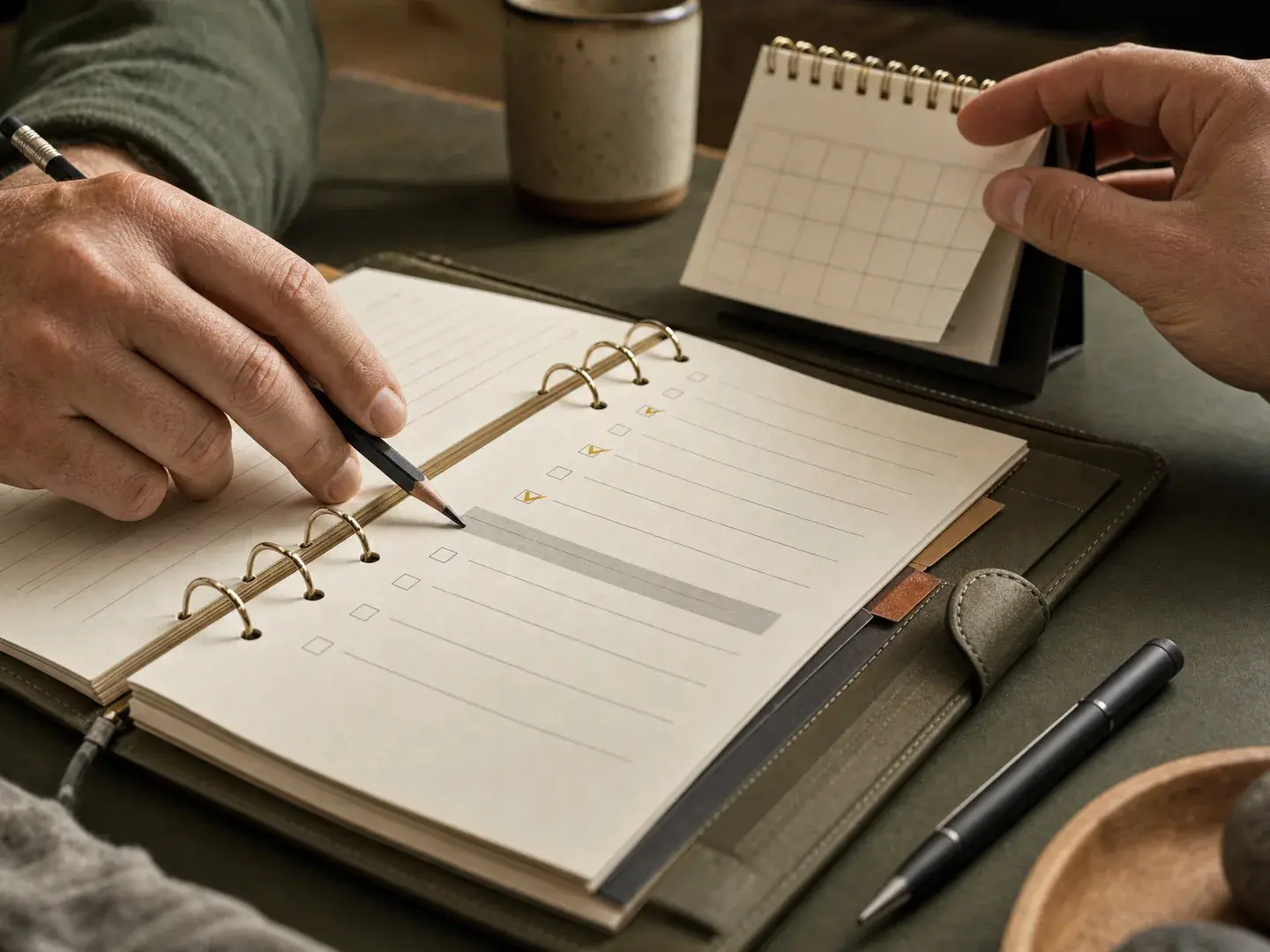 Handen stemmen een werkplanning af met een agenda en ringband