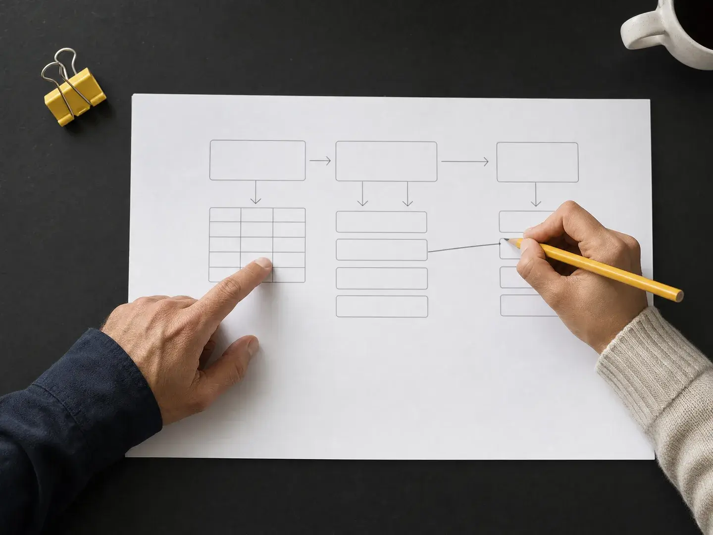 Twee paar handen annoteren een werkschema op een donkere tafel