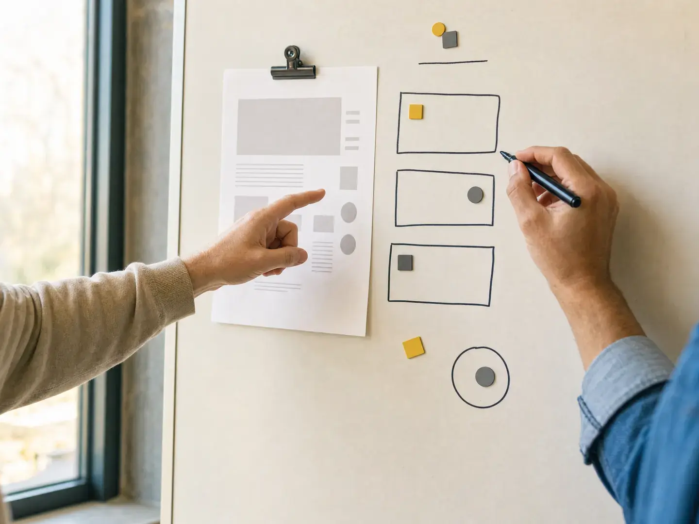Handen bespreken een werkschema met drie vakken op een whiteboard