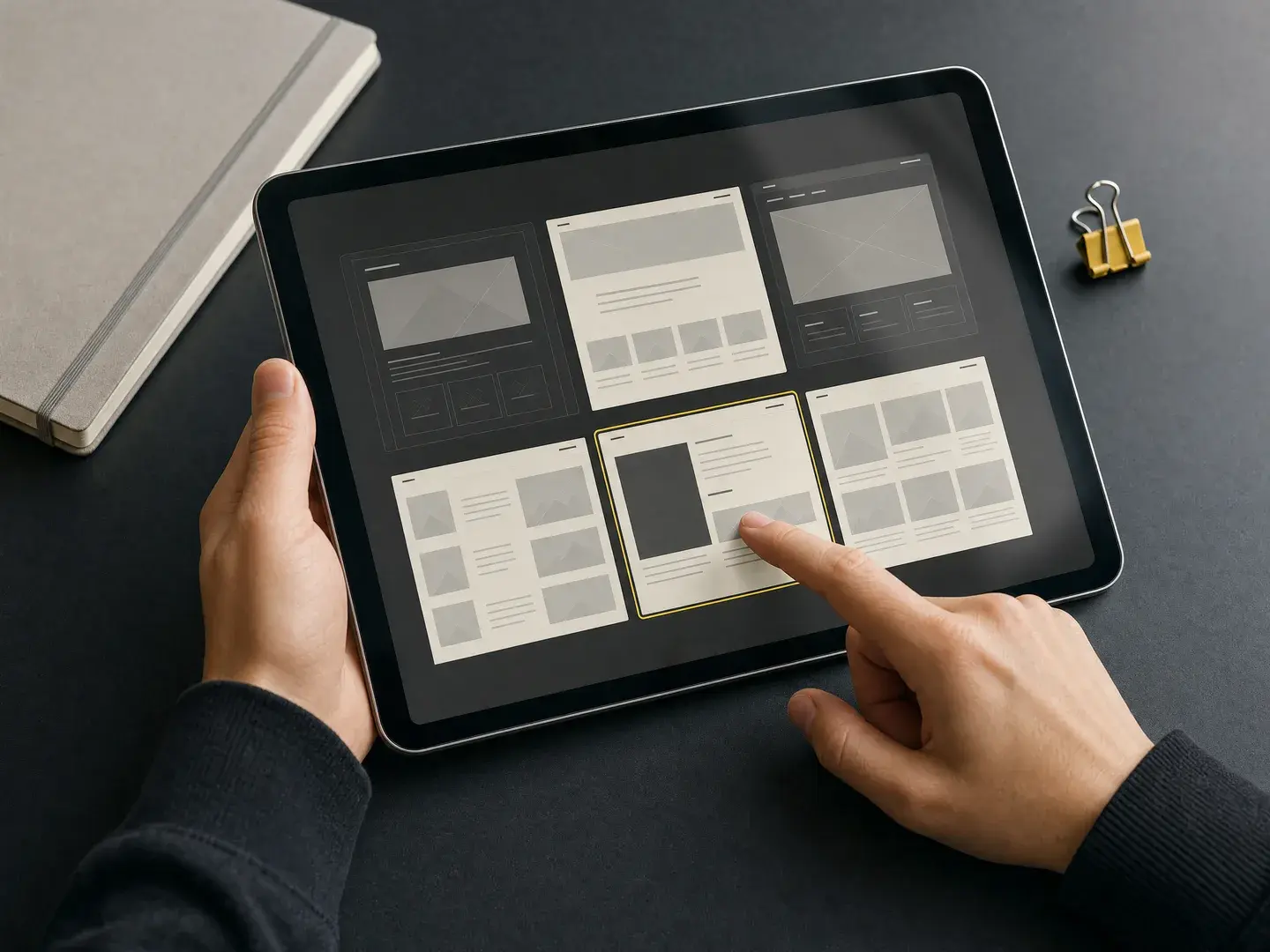 Handen vergelijken verschillende paginavoorbeelden op een tablet boven een donkere tafel