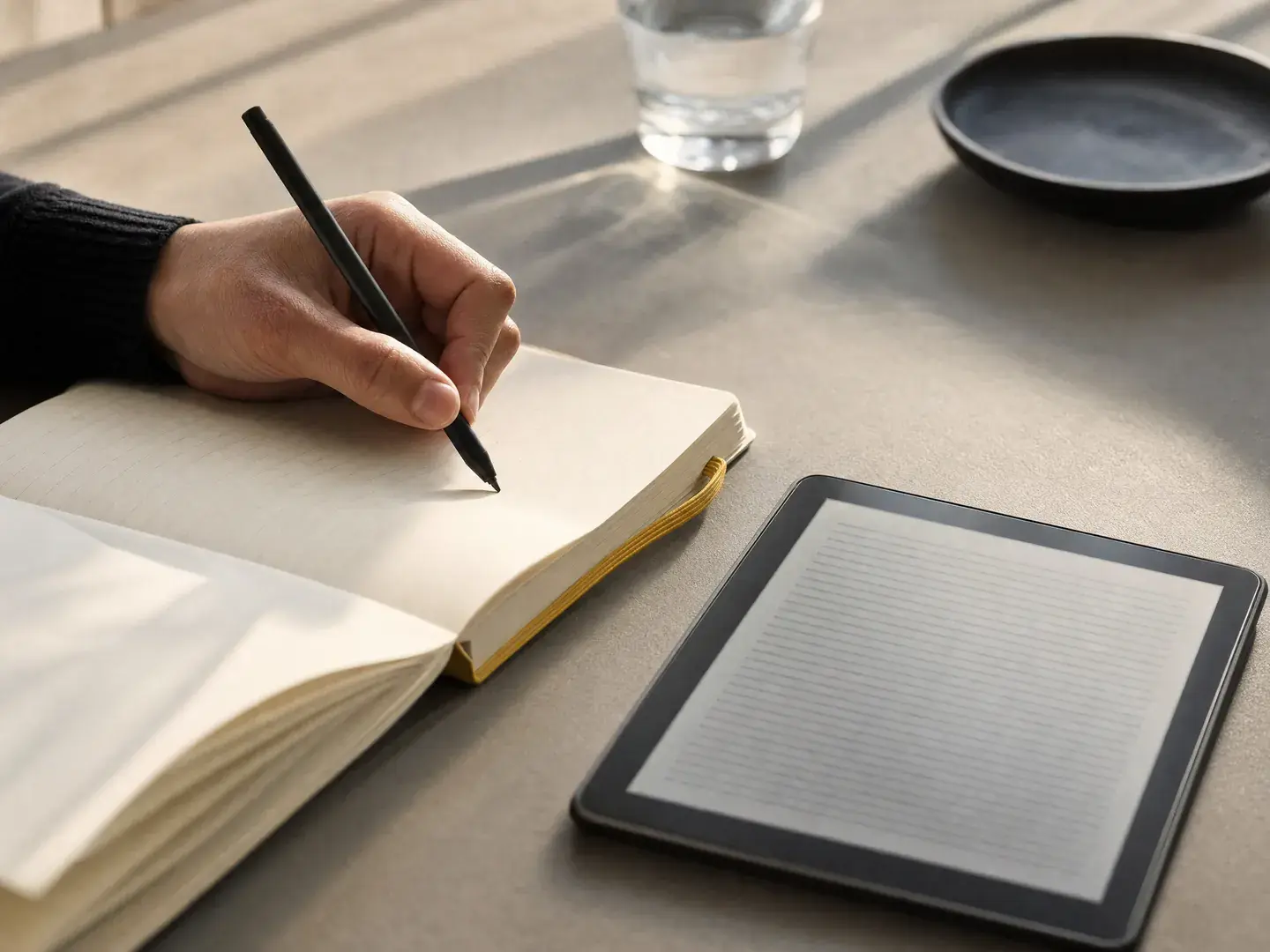 Een hand houdt een meetlogboek bij naast een tablet