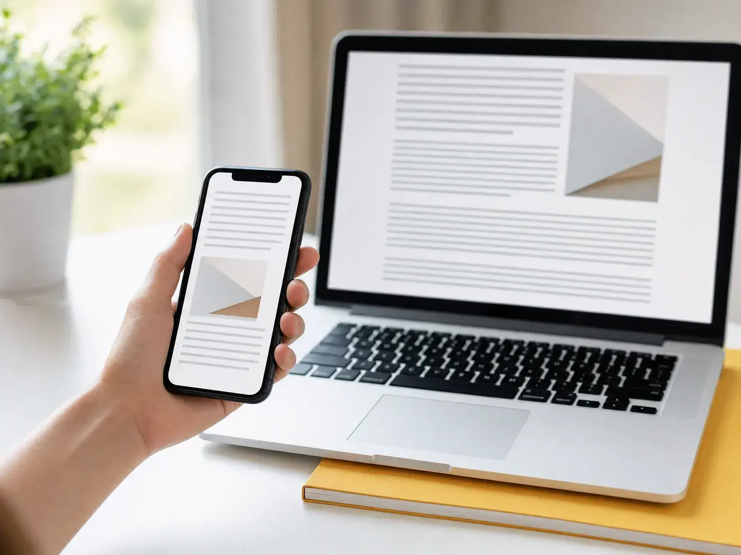 Een hand vergelijkt dezelfde webinhoud op een telefoon en laptop