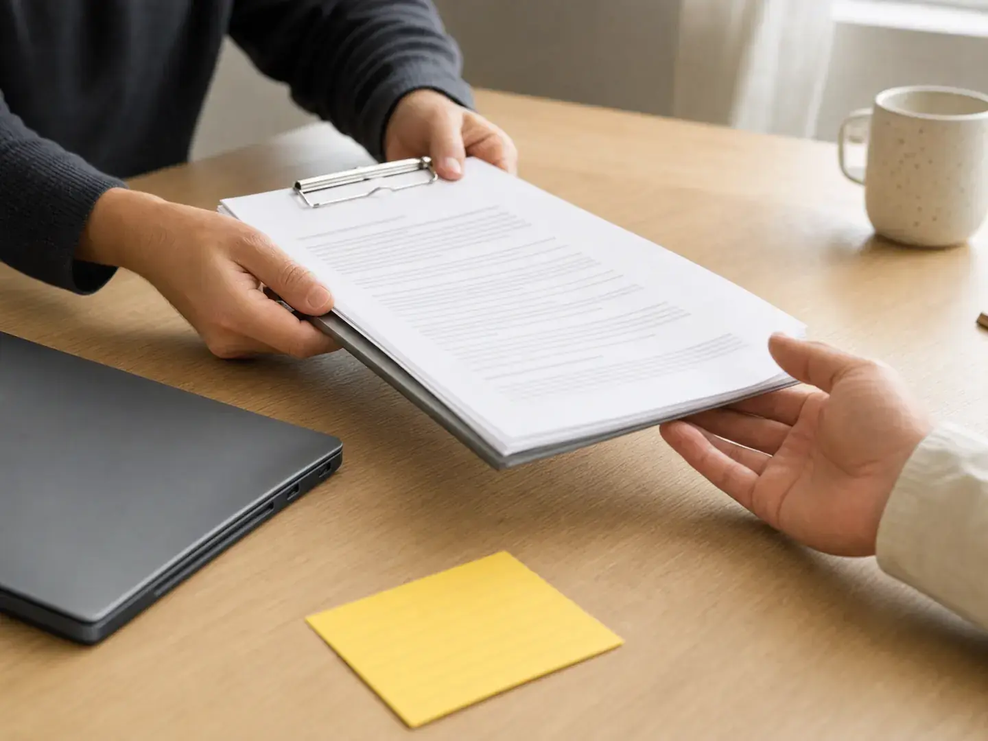 Een controlelijst op een klembord wordt overgedragen aan een collega