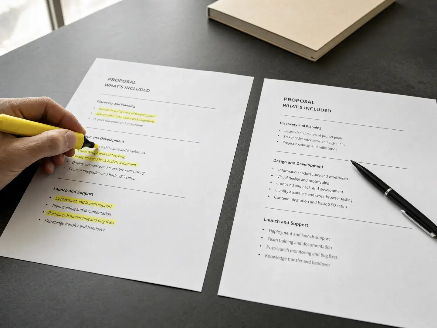 Twee voorbeeldvoorstellen worden met een gele markeerstift vergeleken