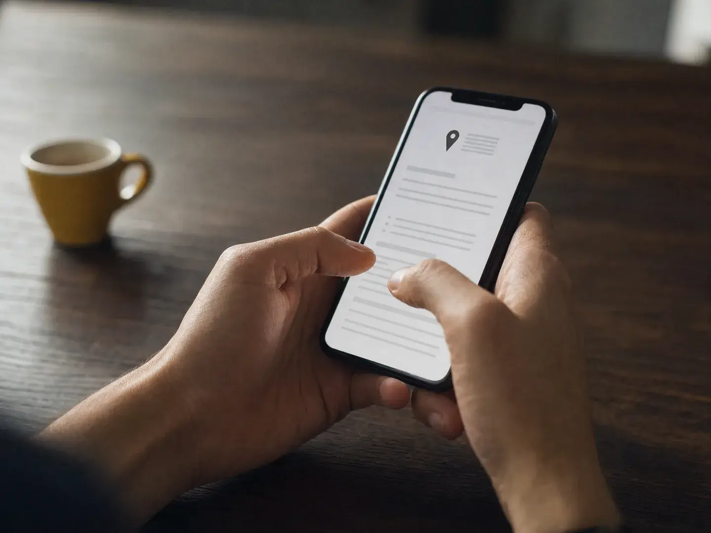 Een hand bekijkt een bedrijfsprofiel op een telefoon
