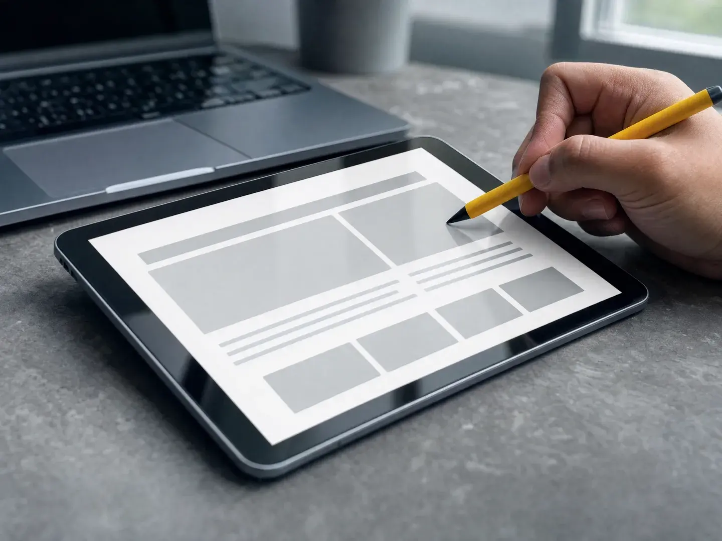 Hand met gele stylus die een website-indeling op een tablet beoordeelt