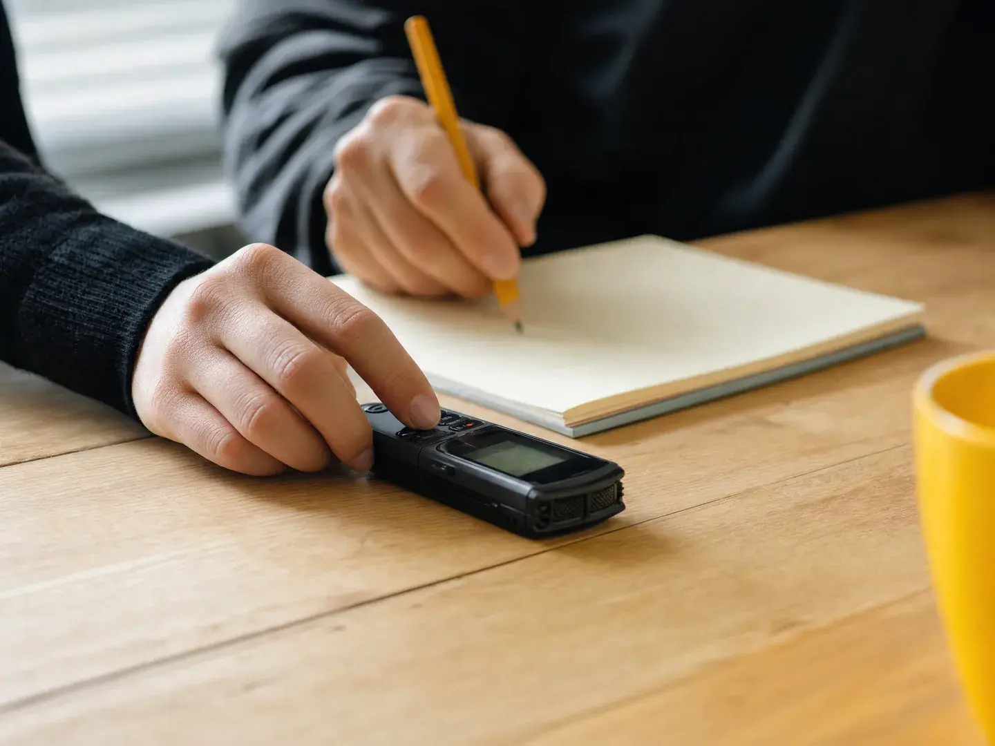 Handen verzamelen gespreksnotities naast een kleine geluidsrecorder
