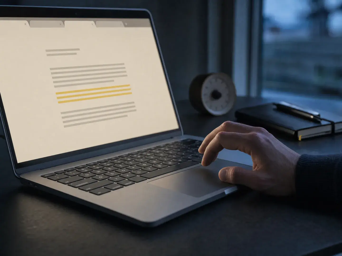 Hand op het trackpad van een laptop met gemarkeerde tekstregels