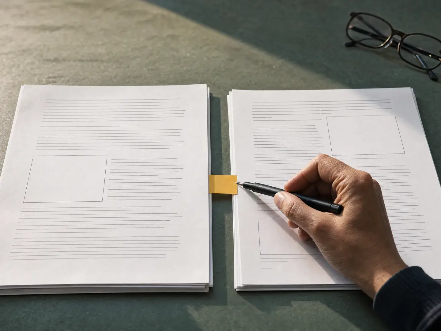 Hand met pen die twee documenten naast elkaar vergelijkt bij een geel markeerbriefje