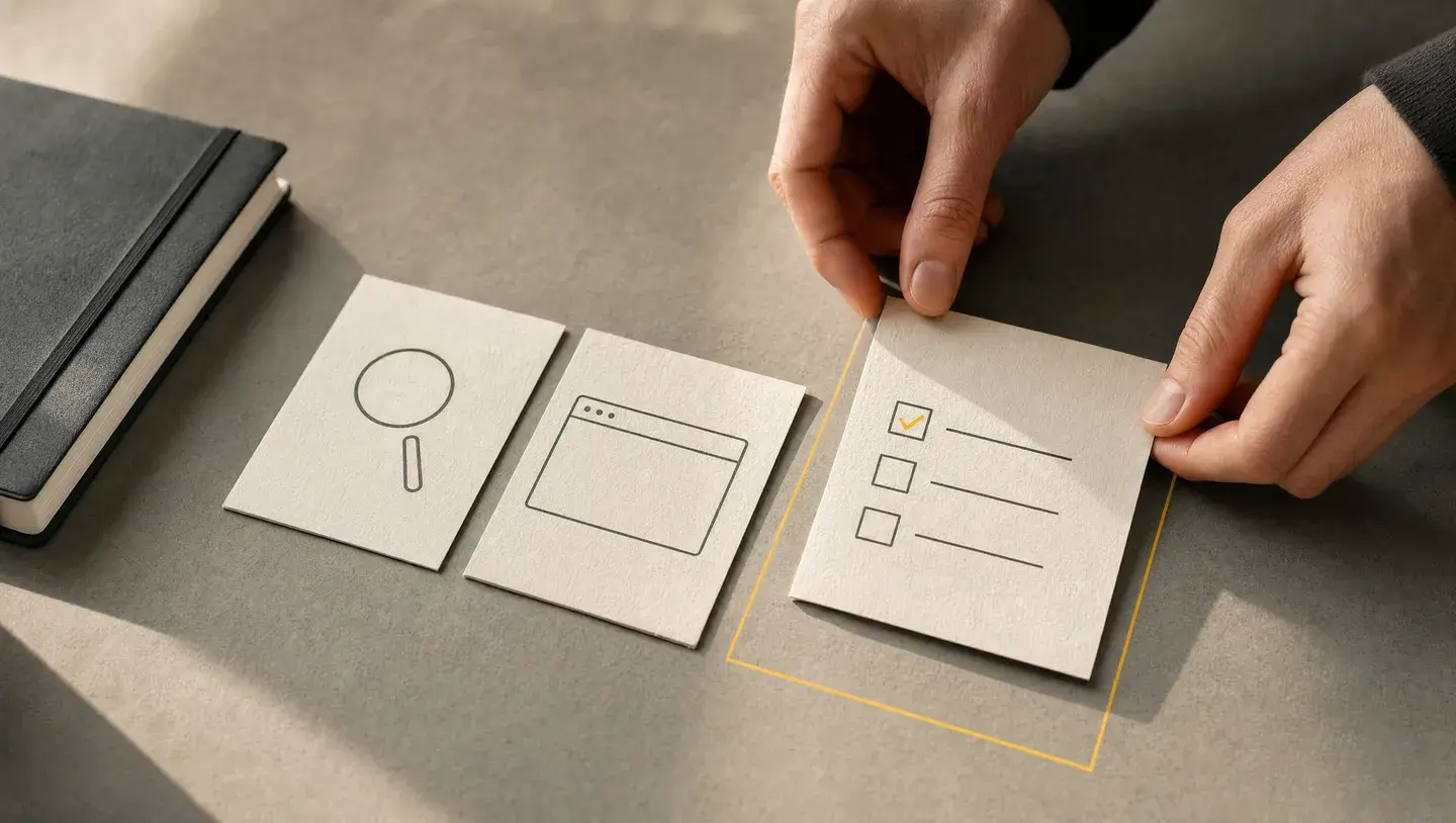 Handen kiezen een eerste werkkaart uit drie marketingtaken