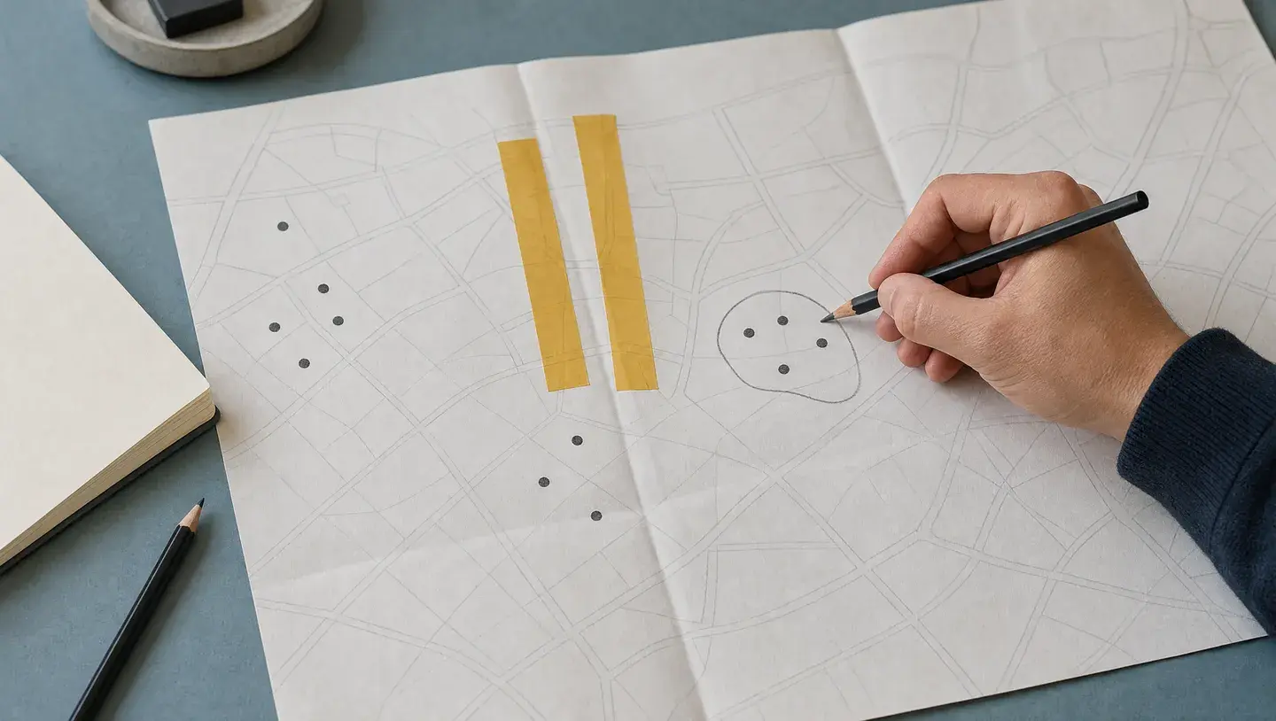 Een hand bakent een gebied af op een abstracte planningskaart