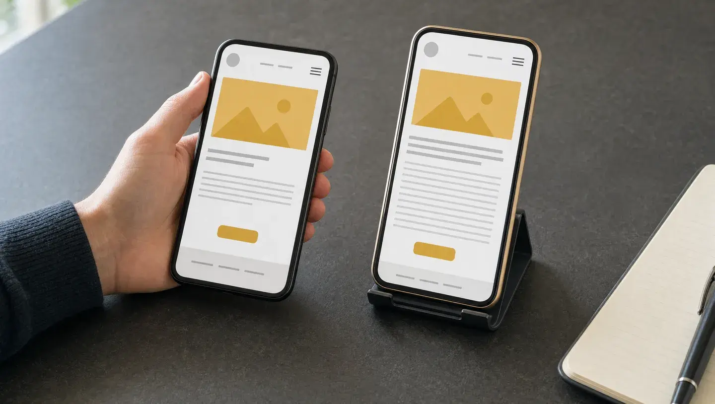 Twee telefoons tonen hetzelfde paginaontwerp met verschillende tekstlengtes; één telefoon wordt vastgehouden.