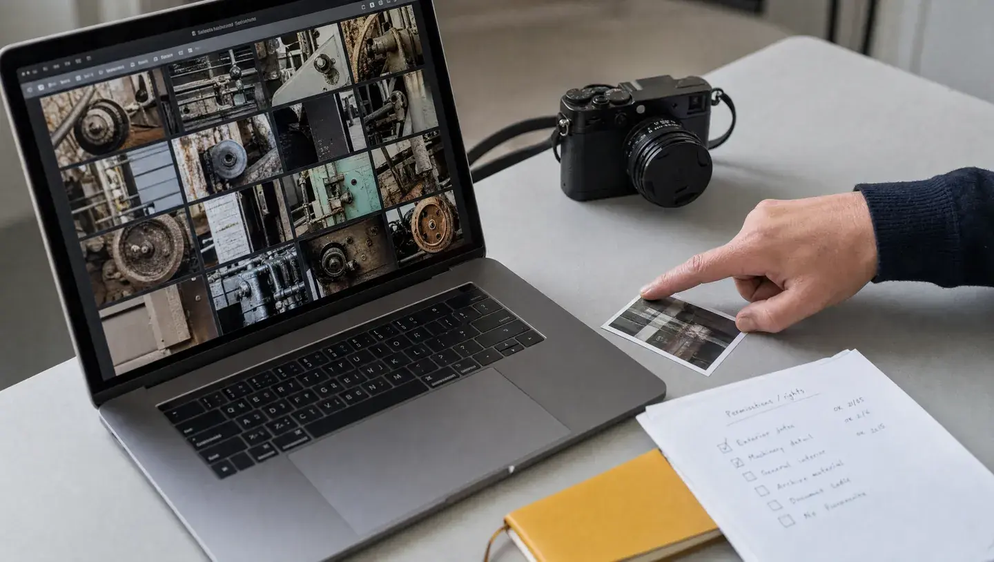 Een hand vergelijkt een foto met een digitale beeldselectie naast een camera en rechtenchecklist
