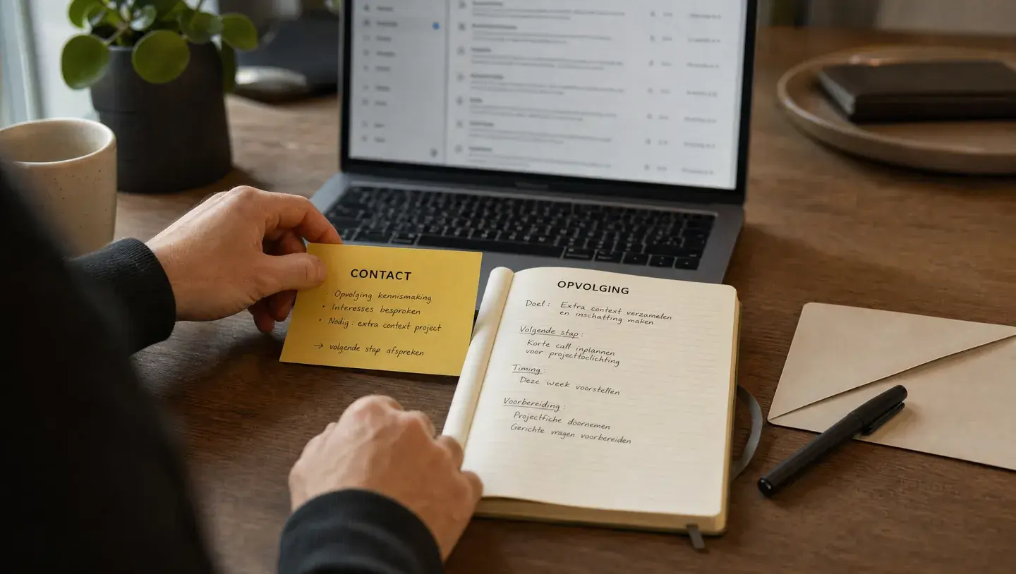Handen houden een notitie bij naast een schrift en een laptop met een tabel
