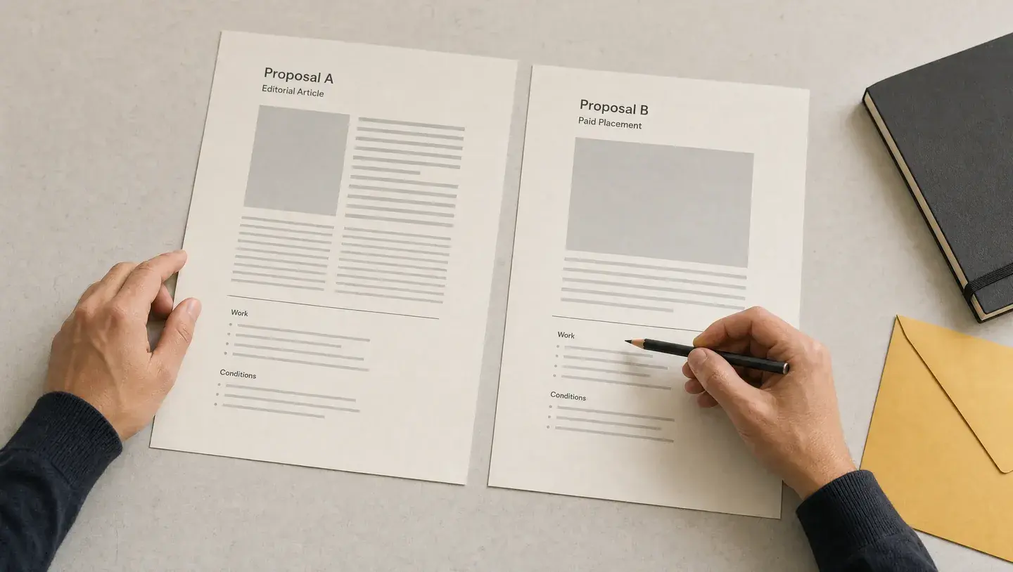 Handen vergelijken twee publicatievoorstellen op papier