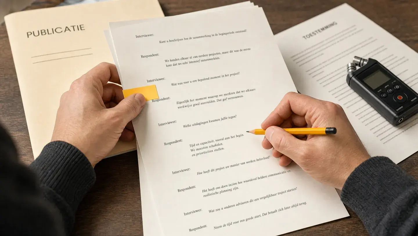 Handen controleren documenten en markeren een punt met een gele notitie