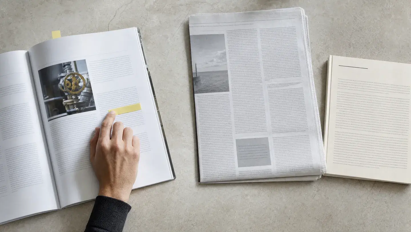 Een hand vergelijkt een vakblad, krant en onderzoeksboekje op een lichte tafel