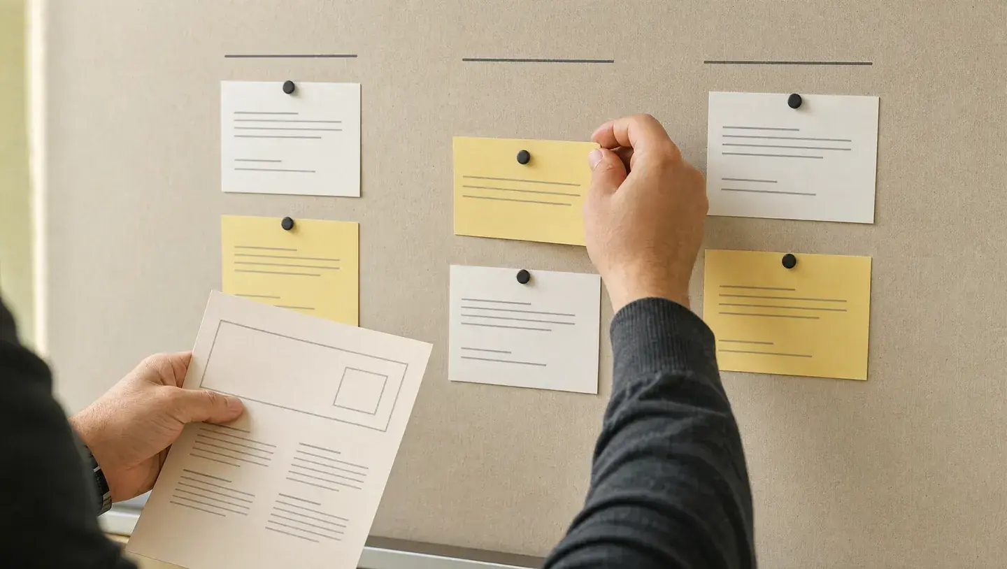 Handen leggen een papieren document naast kaarten op een prikbord