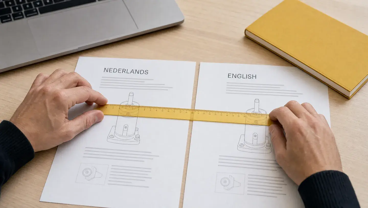 Handen vergelijken een Nederlandstalig en Engelstalig document met een liniaal